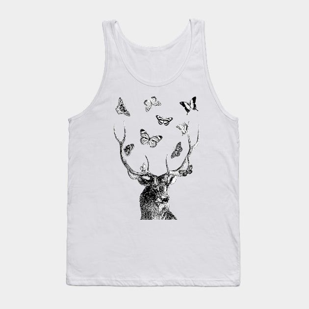 Stag and Butterflies | Black and White | Tank Top by Eclectic At Heart